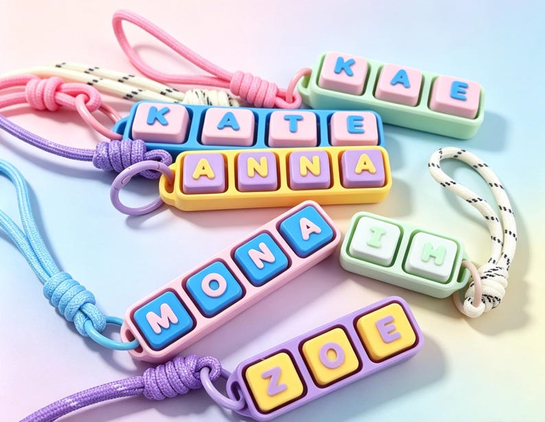 May include: A collection of colorful name keychains. Each keychain features a name spelled out with individual letter blocks in various colors, including blue, pink, yellow, and green. The keychains are attached to matching colored lanyards.