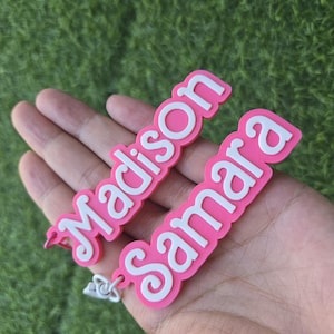 Doll Inspired Name Keychain, Custom Hot Pink Name Key ring , Personalized Girls Name Tag, Back to school Name Tag, goody bag gifts- Barbie