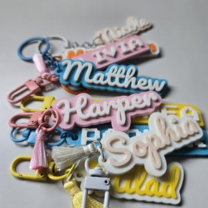 Op de afbeelding: Een verzameling gepersonaliseerde naam sleutelhangers in verschillende kleuren. Elke sleutelhanger heeft een naam in een gelaagd ontwerp, met een contrasterende kleur voor de naam en een andere kleur voor de achtergrond. Sommige sleutelhangers hebben kwastjes en karabijnhaakclips.