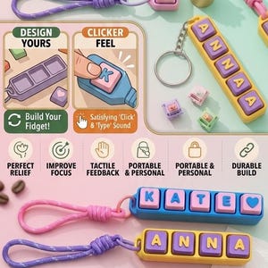 May include: Keychains with personalized names in various colors. Each keychain features a row of lettered buttons, with names like ANNA, KATE, MONA, and ZOE. The image also includes text: "Choose Your Name &bull; Click & Type Sound &bull; Personalized Colors."