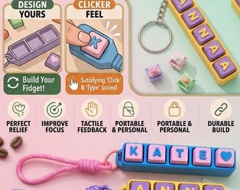 Custom Name Clicker Keyboard Fidget Keychain- Clicky or Silent!| Personalized Name Clicker FidgetToy, Sensory ASMR Keyring, Student gifts