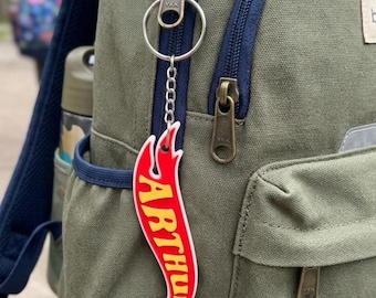 Custom Name keychain in Hot Racing Car Style –Birthday Gift for Hot Car fans- Backpack, Lunchbag Tag -Car theme birthday favors