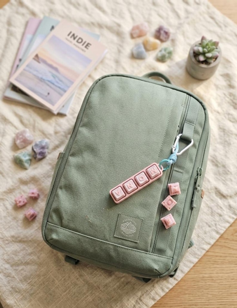 May include: A sage green backpack with a pink keychain spelling "MONA". The backpack has a front zipper pocket and a small patch with a mountain design. Several small pink cubes and a succulent plant in a gray pot are also visible.