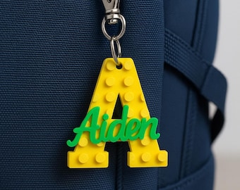 Brick Style Name Keychain, Custom Building Block Intial Letter Name tag, Personalized Birthday favor, Colorful Brick Style school bag name