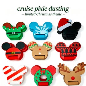 May include: Nine mouse-shaped plastic dusting tools with Christmas designs including elf, snowflake, Santa hat, gingerbread, candy cane, wreath, and reindeer motifs. The text "cruise pixie dusting - limited Christmas theme -" is at the top.