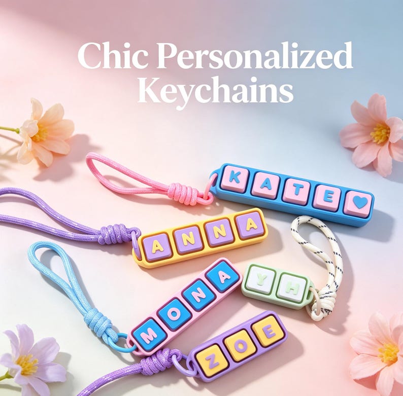May include: Several personalized keychains with names spelled out in colorful letter tiles. The keychains are in various colors, including blue, yellow, pink, and purple, and are attached to matching lanyards. The text "Chic Personalized Keychains" is at the top.