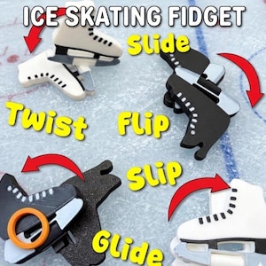 Op de afbeelding: Afbeelding van ijsschaats fidget speelgoed in wit en zwart, met de woorden "ICE SKATING FIDGET" bovenaan. De woorden "Slide", "Twist", "Flip", "Slip" en "Glide" zijn aanwezig, met rode pijlen die beweging aangeven.