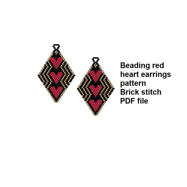 Red heart beading brick stitch earrings pattern, PDF file, Love earrings pattern