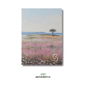 May include: A notebook with a landscape painting on the cover. The artwork depicts a field of pink flowers, a lone tree, and a body of water under a light blue sky. The text "NOTES" is printed on the bottom right corner.