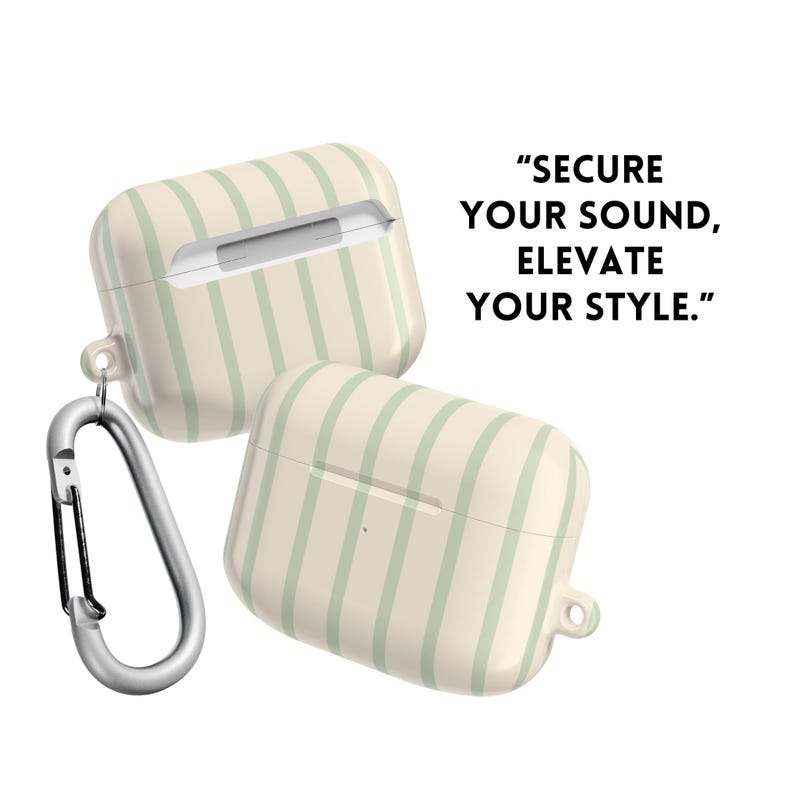 May include: Two white and mint green striped AirPod cases with a silver carabiner clip. The cases have a glossy finish and the text "SECURE YOUR SOUND, ELEVATE YOUR STYLE."