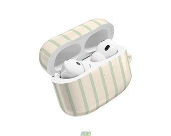 May include: Open AirPod case with a cream and light green striped pattern, containing two white AirPod earbuds. The case is open, revealing the interior. The text "1580 ONE FIVE EIGHTY CO." is printed at the bottom.