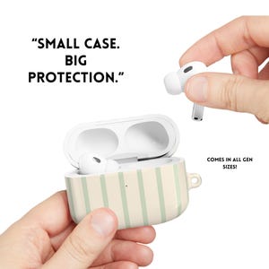May include: A striped AirPods case in cream and light green, with the text "SMALL CASE. BIG PROTECTION." and "COMES IN ALL GEN SIZES!". The case is open, revealing the AirPods inside. A hand holds an AirPod.