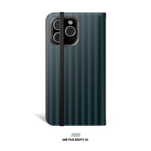 May include: A teal and black striped phone case with a black elastic closure. The case has a camera cutout and the text "1580 ONE FIVE EIGHTY CO." at the bottom.