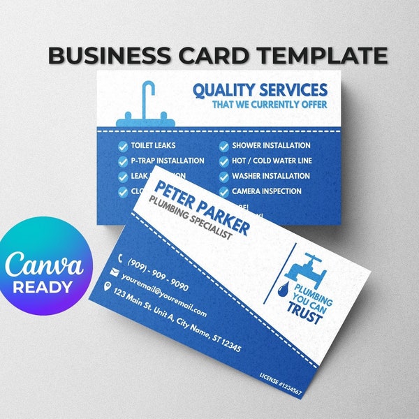 Business Card Template for Plumbers and Plumbing Services |  DIY Business Card Instant Download Canva Link