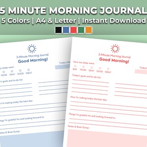 5 Minute Morning Journal Printable - Gratitude Journal & Routine | 5 Colors, 2 Sizes, Instant Download Template