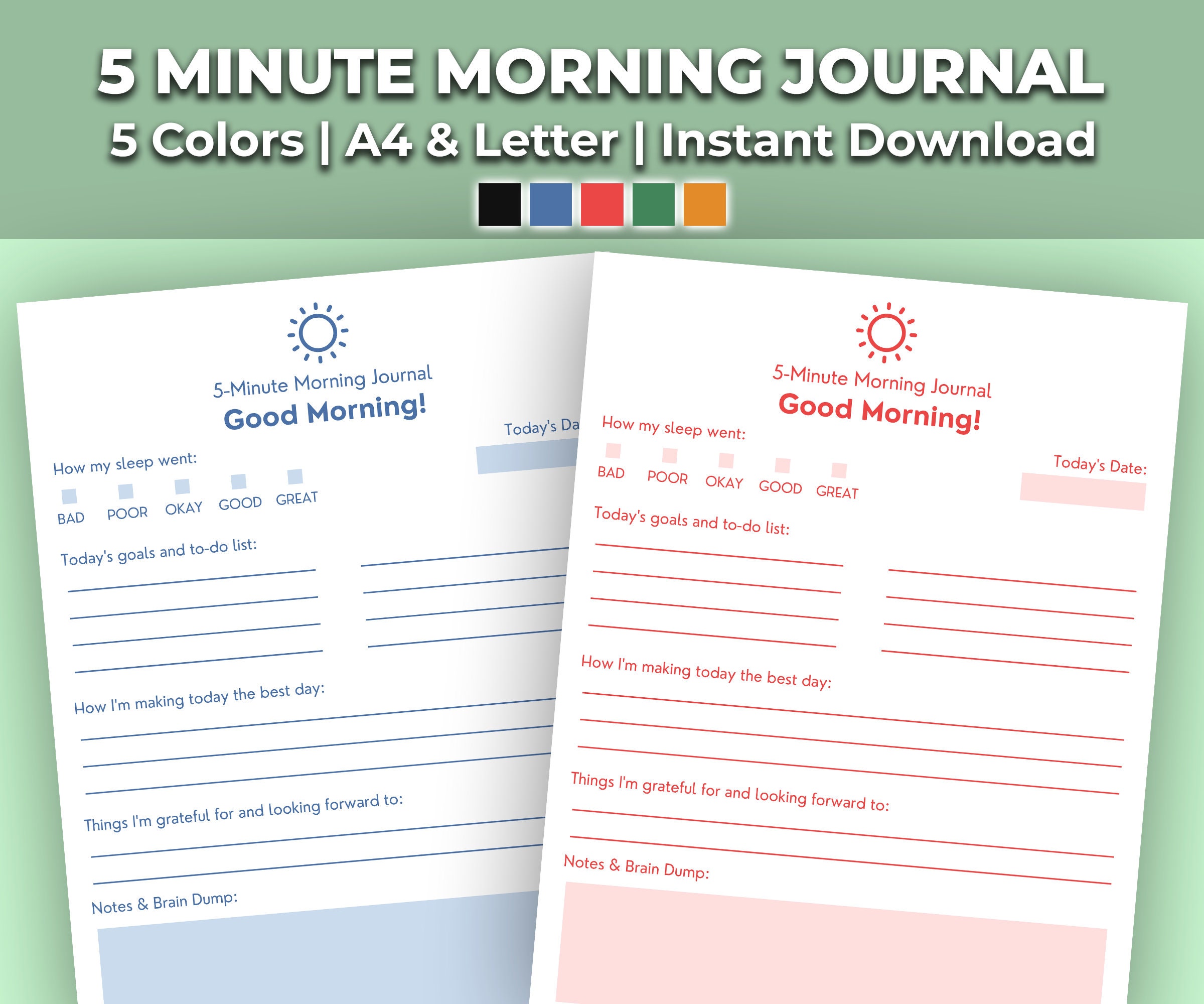 5 Minute Morning Journal Printable - Gratitude Journal & Routine | 5 ...