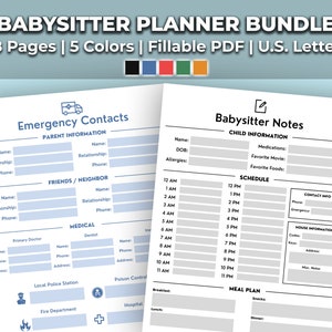 May include: A printable babysitter planner bundle with 8 pages and 5 colour options. The planner includes sections for emergency contacts, child information, a schedule, and a meal plan. The planner is designed for use with a US Letter size paper.