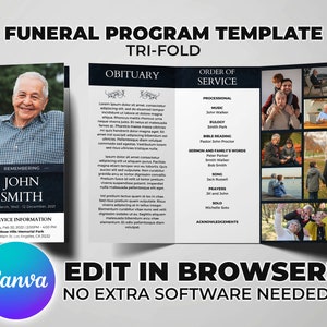 Plantilla de programa funerario Obituario tríptico / Para hombre o mujer / Tamaño carta y A4 - Edición de acceso instantáneo en el navegador (Canva)