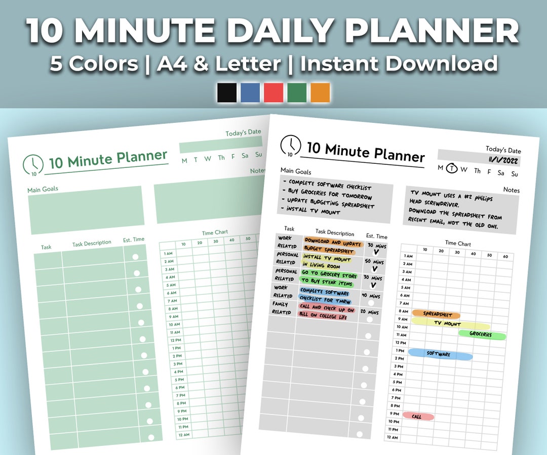 10 Minute Planner Daily Printable Study, Productivity, Work, and College Planner 5 Colors, 2