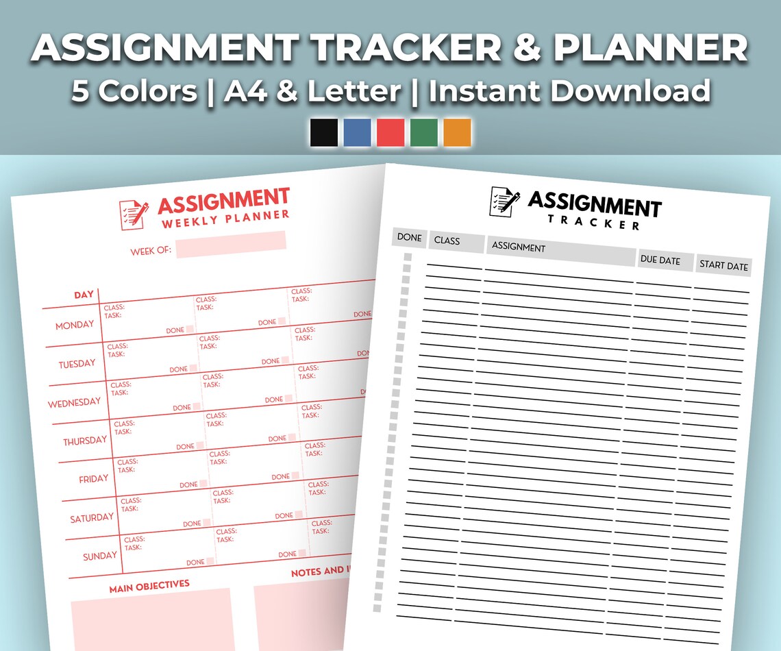 Assignment Tracker Printable Homework Planner Weekly Perfect for ...