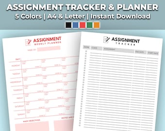 Assignment Tracker Printable - Homework Planner Weekly | Perfect for Students Organization with Projects and Grades | 5 Colors, 2 Sizes
