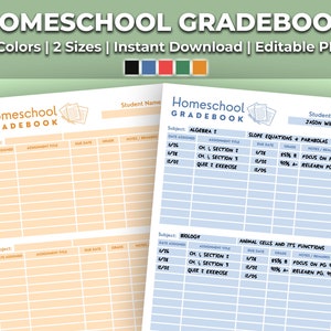 Homeschool Gradebook Printable | Homeschool Grading Sheet Template Kit - Perfect for Homeschool Students and Teachers | 2 Sizes, 5 Colors