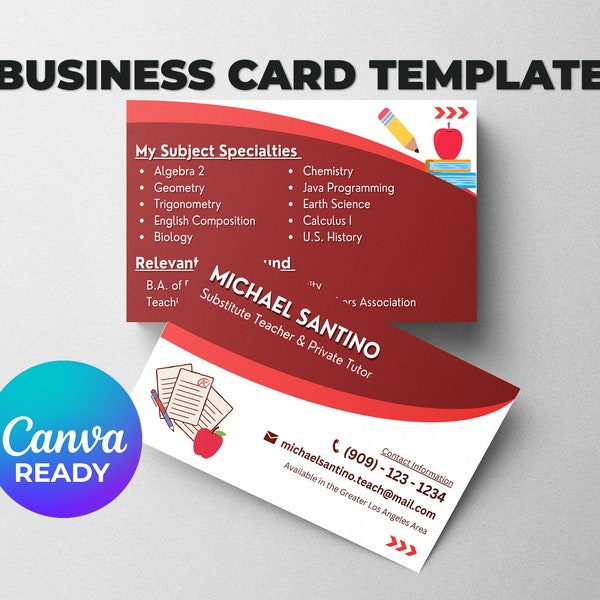 Substitute Teacher & Tutor Business Card Template | Minimalist Private Tutor and Educators Business Card | Instant Download Canva Link