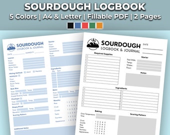 May include: A printable sourdough logbook with two pages. The logbook is designed to track sourdough starter, leaven, mixing methods, bulk rise, preshape, shape/proof, baking, and scoring patterns. The logbook is available in five colours: black, blue, red, green, and orange.