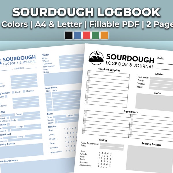 Sourdough Journal and Logbook | Bread Diary and Tracker Sheet, Sourdough Ingredients, Recipe, and Log | Fillable Printable PDF