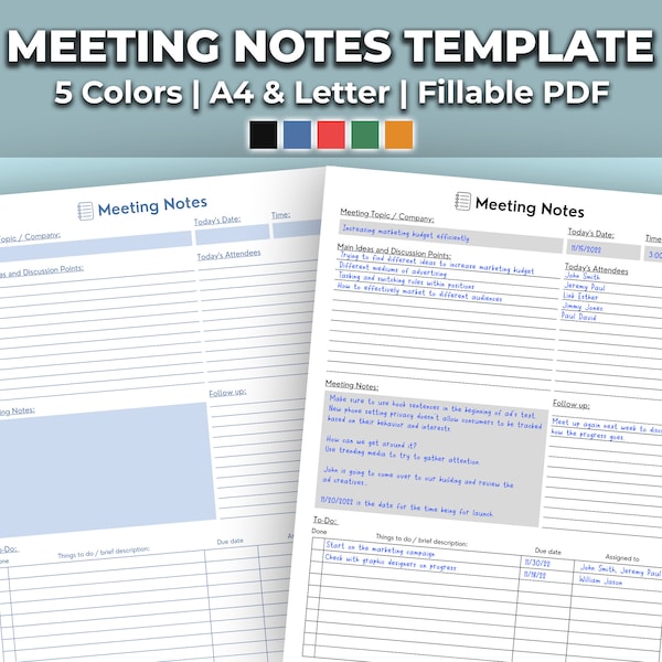 Meeting Notes Template Printable, Meeting Agenda Fillable PDF for Businesses, Teachers - 5 Colors 2 Sizes Instant Download