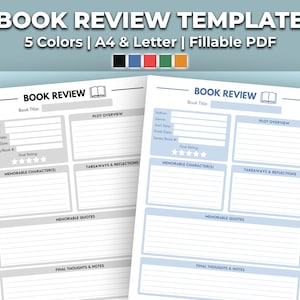 Printable Book Review Template for Readers | Book Tracker and Journal Log | 5 Colors and 2 Sizes Instant Download