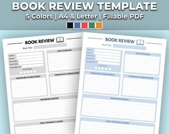 Printable Book Review Vorlage für Leser | Buch Tracker und Journal Log | 5 Farben und 2 Größen Instant Download