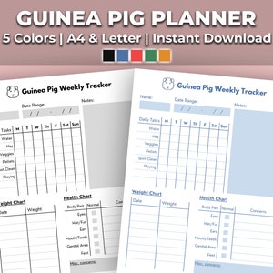 Peut inclure: Deux pages imprimables de suivi hebdomadaire pour cobayes. Les pages sont bleu clair et blanc avec une bordure bleue. Les pages comprennent des sections pour les tâches quotidiennes, le tableau de poids et le tableau de santé. Les pages sont conçues pour vous aider à suivre les soins de votre cobaye.