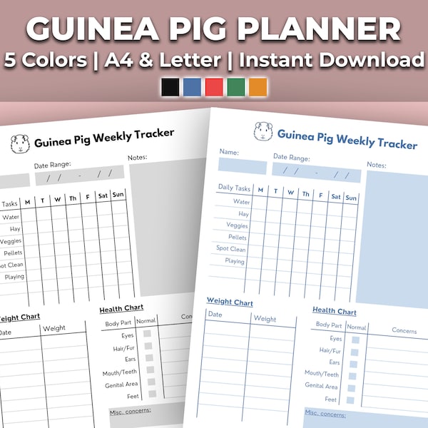 Guinea Pig Planner Printable - Weekly Planner | Guinea Pig Care with Weight Tracker, Chore Chart, Daily Tasks | 5 Colors, 2 Sizes.