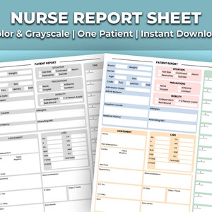 Nurse Report Sheet Druckbare Vorlage - Ein (1) Patient | Intensivstation, Medsurg | Labs, Bewertung, Info | Farbe & Graustufen | Sofort Download