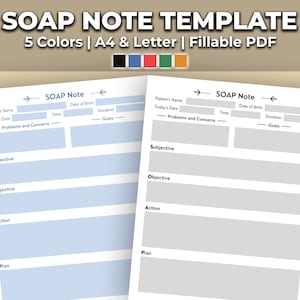 SOAP Note Template Printable for Therapist, Counselors, and Patients - Therapy Notes - 5 Colors, 2 Pages, Fillable PDF
