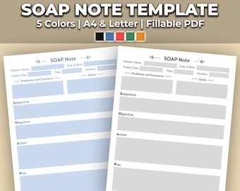 SOAP Note Template Printable for Therapist, Counselors, and Patients - Therapy Notes - 5 Colors, 2 Pages, Fillable PDF