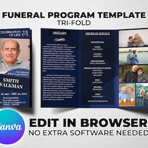 Plantilla de programa funerario Obituario tríptico / Para hombre o mujer / Tamaño carta y A4 - Edición de acceso instantáneo en el navegador (Canva)