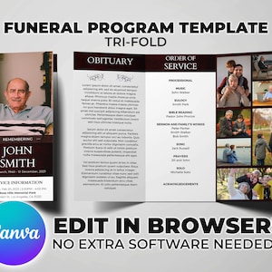 Bestattungsprogramm Vorlage Trifold Obituary Red Theme | Für Mann oder Frau | Letter & A4 Format - Sofortiger Zugriff Bearbeiten im Browser (Canva)