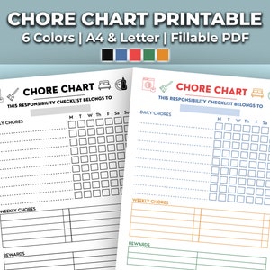 Family Chore Chart for Teens, Kids, Adults | Responsibility Checklist, Routine Chart | Fillable PDF, 6 Colors, 2 Sizes