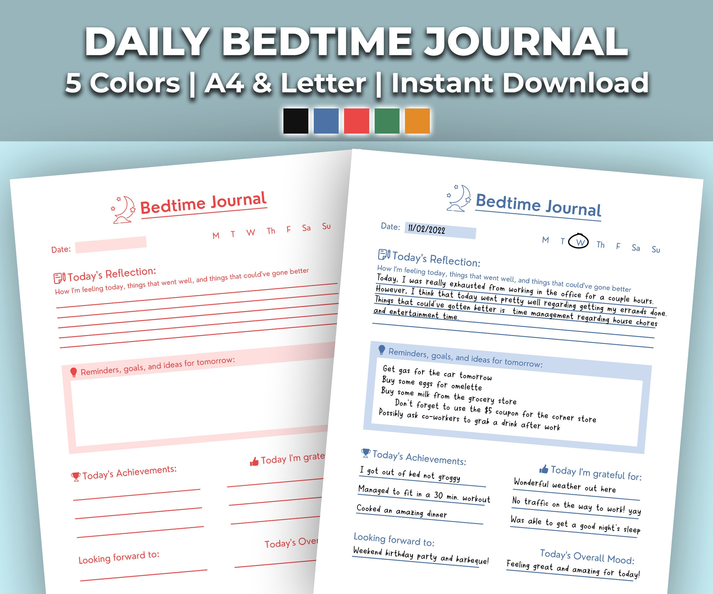Bedtime Journal Notes Printable | Daily Routine Diary and Prompts ...