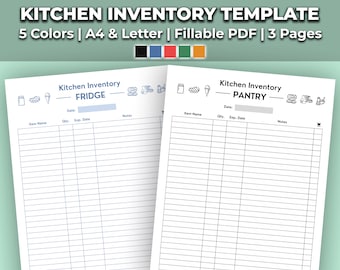 Kitchen Inventory Tracker Planner Printable | Pantry, Fridge, and Freezer Organization Checklist | 5 Colors, 2 Sizes, Fillable PDF