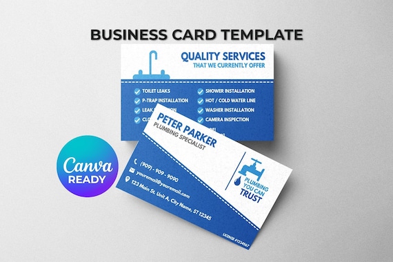 Business Card Template for Plumbers and Plumbing Services |  DIY Business Card Instant Download Canva Link
