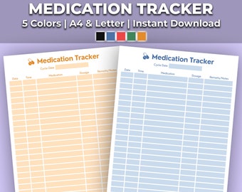 Medication Tracker Log Printable | Pill, Supplement, Vitamin, Medicine Chart and Tracker - 5 Colors, 2 Sizes, Instant Download