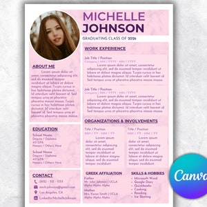 Sorority Resume Template with Photo and Cover Letter, Professional | Canva Instant Download Access | Letter & A4 Sizes
