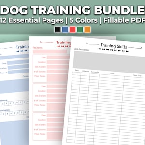 Dog Training Log, Planner, Tracker Bundle - Printable Puppy Training Journal Binder - Invulbare PDF - 5 kleuren, 12 pagina&#39;s