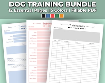 Registro de entrenamiento de perros, planificador, paquete de seguimiento - Carpeta imprimible de diario de entrenamiento de cachorros - PDF rellenable - 5 colores, 12 páginas