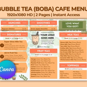Bubble Tea Boba Cafe TV Menü | Niedliches einfaches minimales TV-Menü für Cafés und Geschäfte, Sofortiger Download Canva Link,