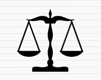 May include: A black silhouette of a scale with two equal-sized pans hanging from a central beam.