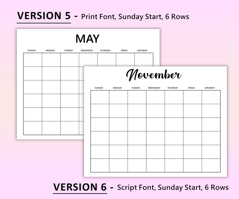Monthly Calendar Template Monthly Blank Calendar Monthly - Etsy